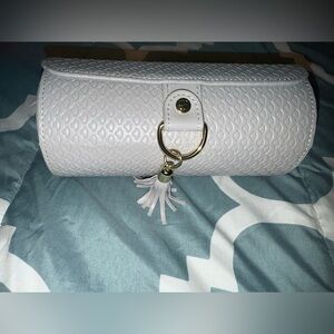 White and Gold Textured Clutch with Tassel Charm
